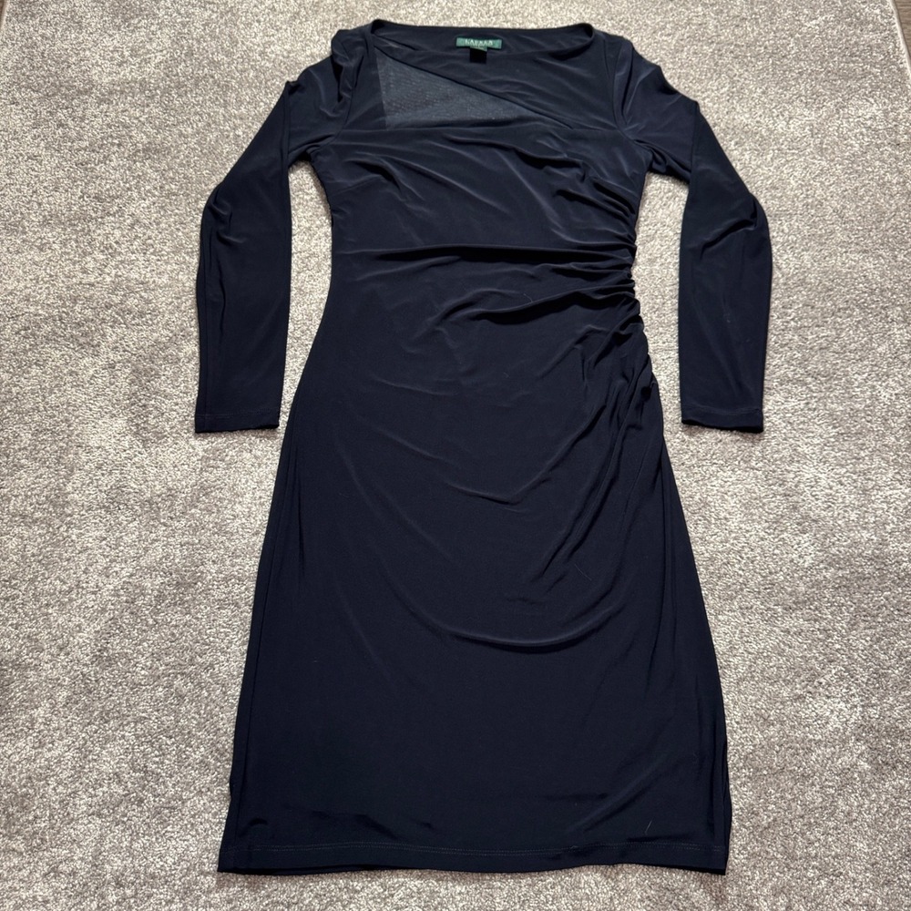 Lauren Ralph Lauren Dress Womens 8 Navy Blue Asymmetric Sheath Bodycon Cocktail